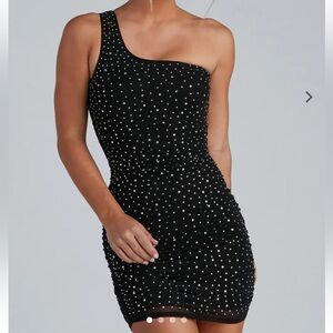 Windsor Black One Shoulder Dress with Silver Accents